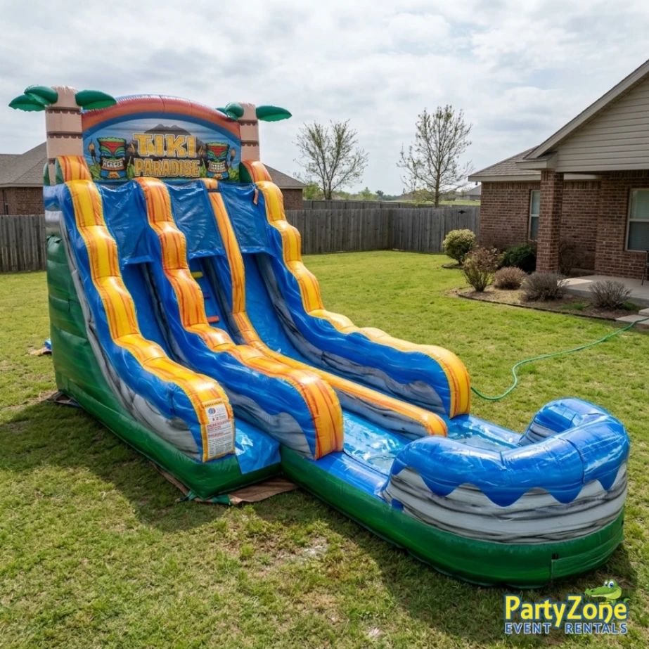 Rent the 18ft Tiki Plunge Dual Lane Water Slide in New Orleans with delivery and setup