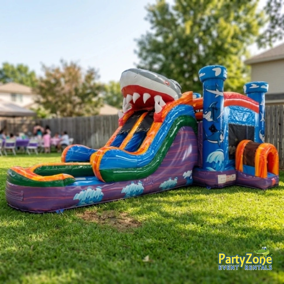 Rent the Shark MC Dual Lane Water Slide Combo in New Orleans with delivery and setup