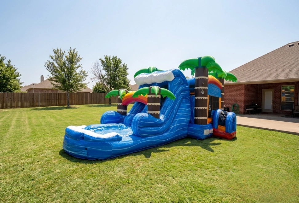 Rent the Tropical Dual Lane Water Slide Combo in New Orleans with delivery and setup